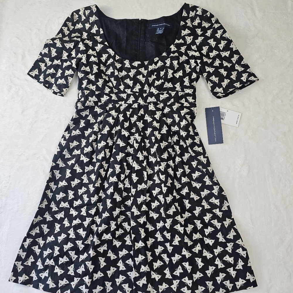 French connection dress size 4 butterfly print black cream a-line nwt msrp $148